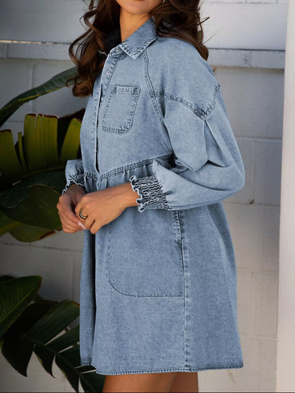 Hazel Blues® |  Smocked Cuffs Flared Denim Shirt Mini Dress