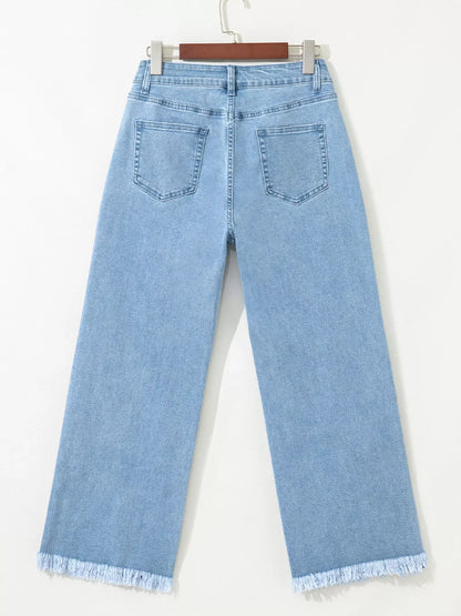 Hazel Blues® |  Colorful Sequin Christmas Tree Patched Raw Hem Cropped Wide Leg Jeans