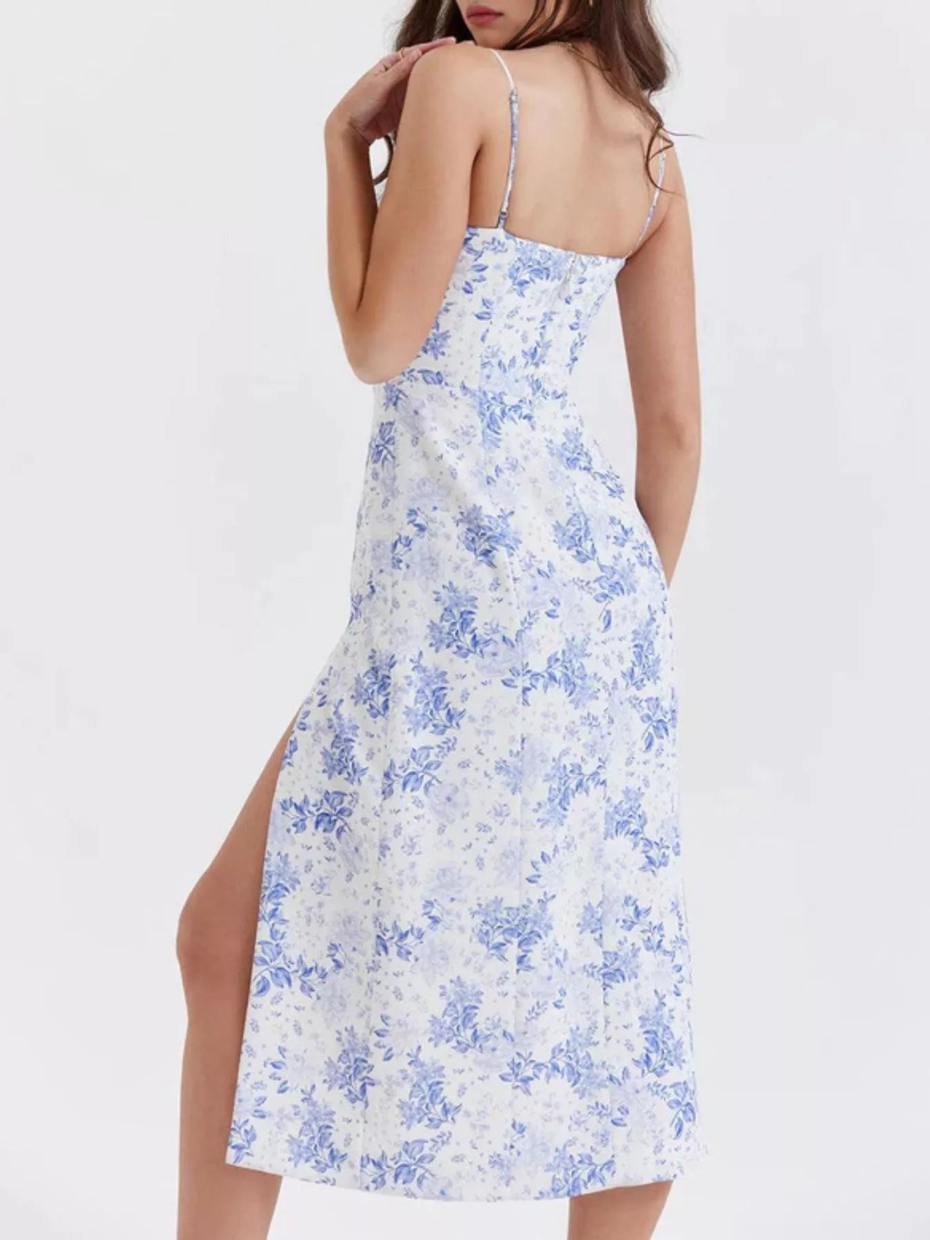 Hazel Blues® |  Floral Print Lace Trim Slit Midi Dress