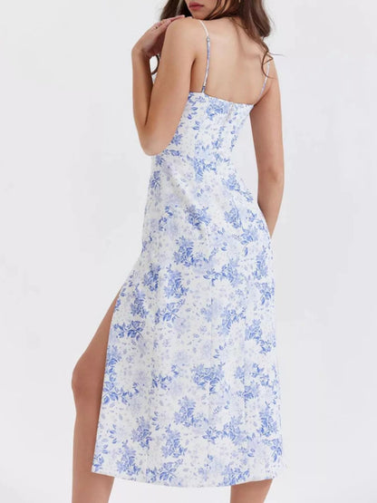 Hazel Blues® |  Floral Print Lace Trim Slit Midi Dress
