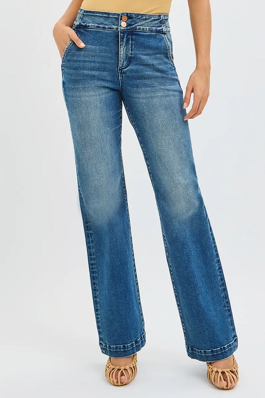 Hazel Blues® | RISEN Tummy Control High Rise Bootcut Jeans with Double Button Waistband