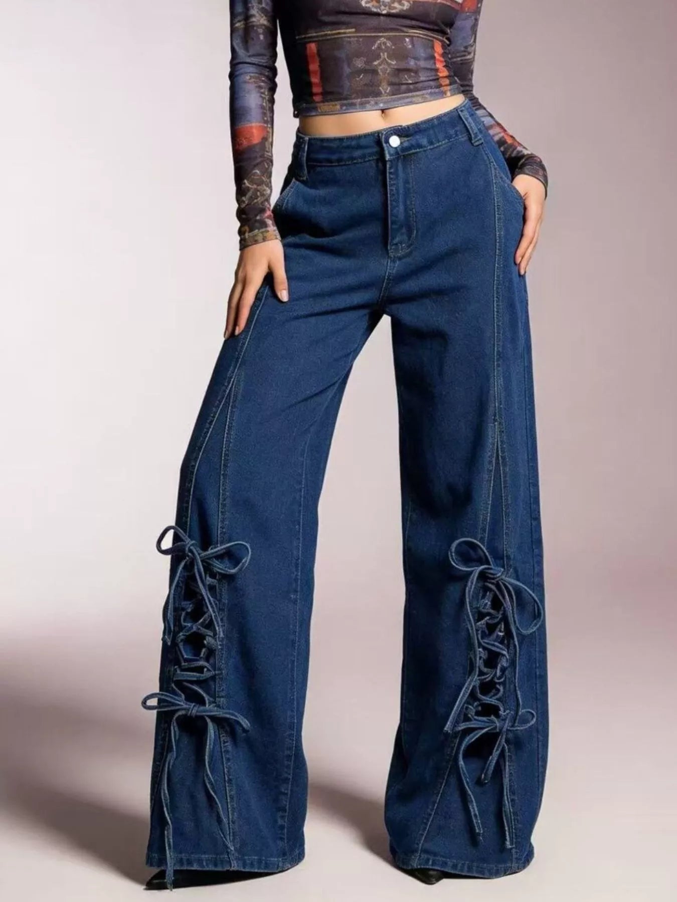Hazel Blues® |  Lace-Up Wide Leg Jeans