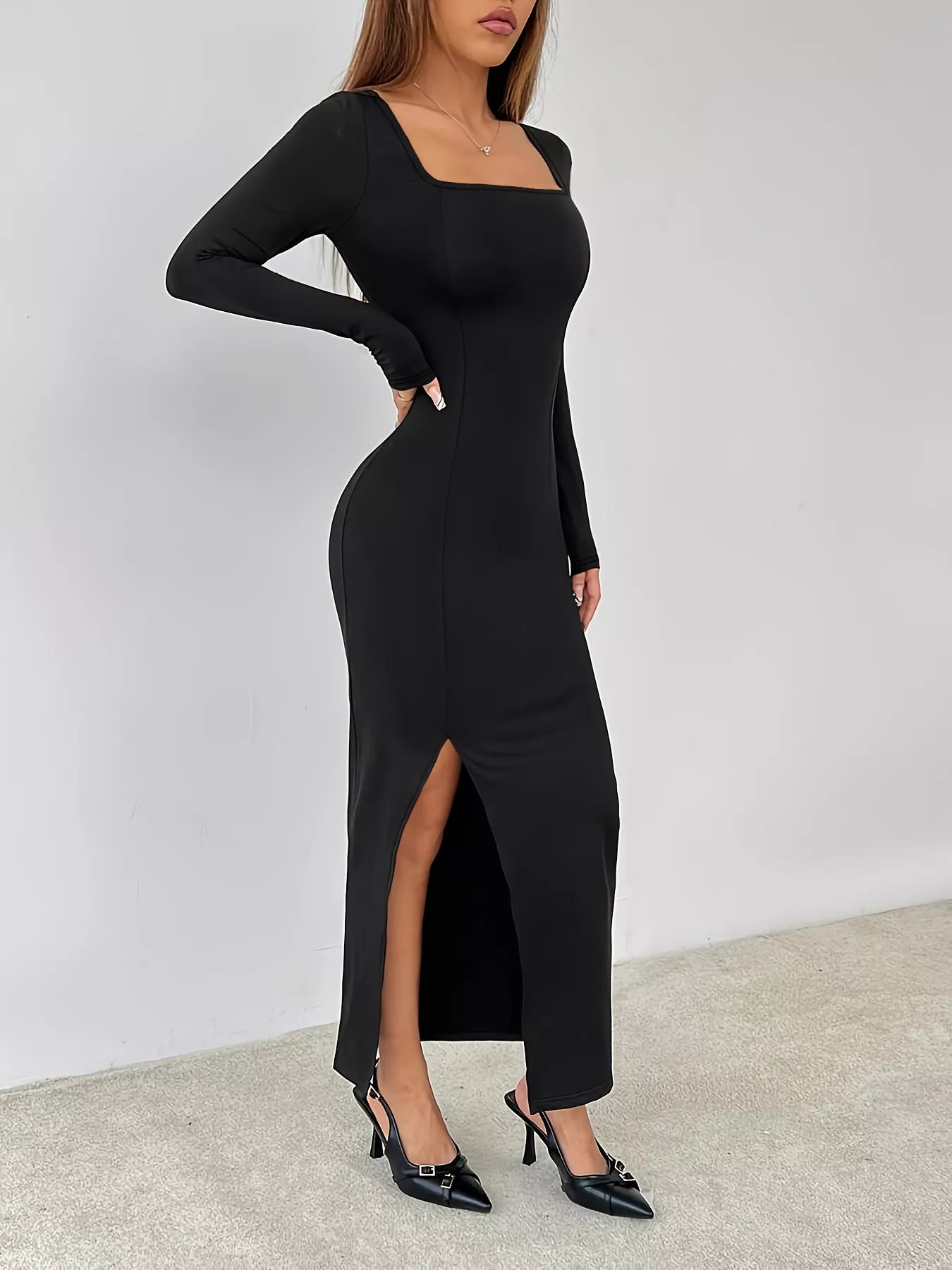 Hazel Blues® |  Square Neck Long Sleeve Slit Bodycon Maxi Dress