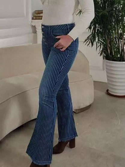 Hazel Blues® |  Striped Button Fly Flare Jeans