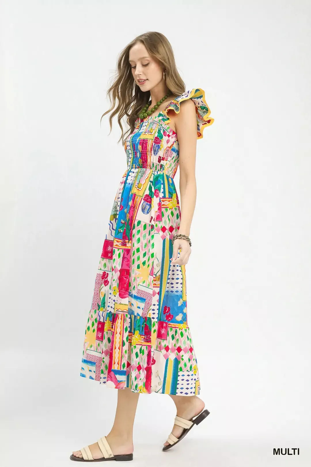 Hazel Blues® |  Umgee Abstract Print Smocked Ruffle Sleeve Tiered Midi Dress