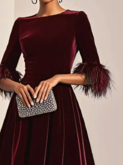 Hazel Blues® |  Velvet Midi Dress with Feather Cuffs