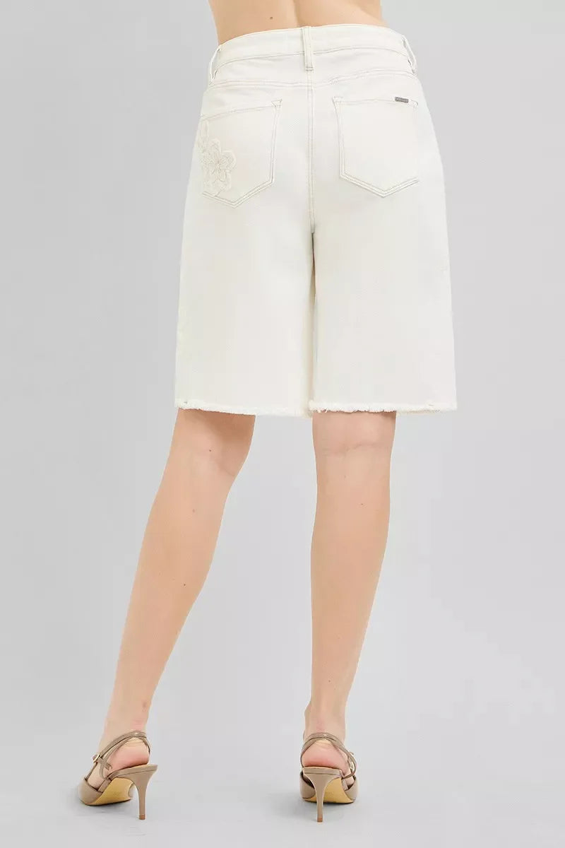 Hazel Blues® |  RISEN Slouchy Relaxed Floral Embroidered Bermuda Denim Shorts