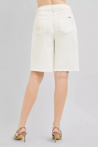 Hazel Blues® |  RISEN Slouchy Relaxed Floral Embroidered Bermuda Denim Shorts
