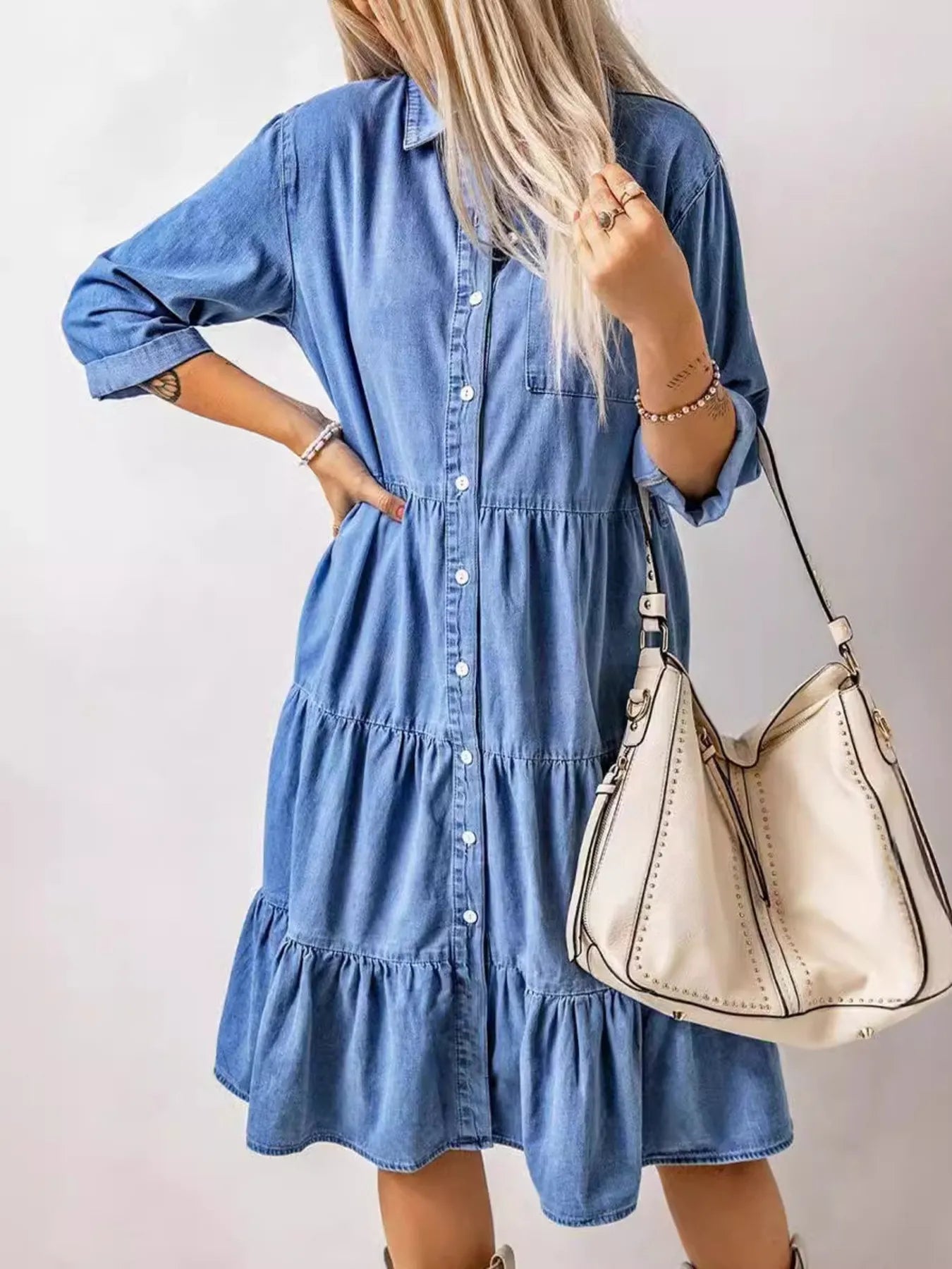 Hazel Blues® | Ruffled Hem Button Up Denim Midi Dress