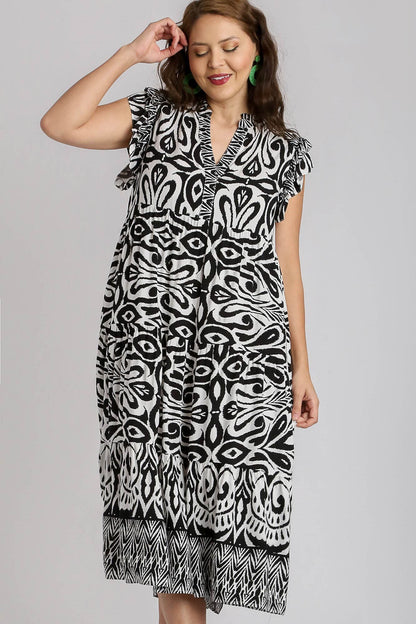 Hazel Blues® | Umgee Two Tone Border Print Ruffle Cap Sleeve Midi Dress