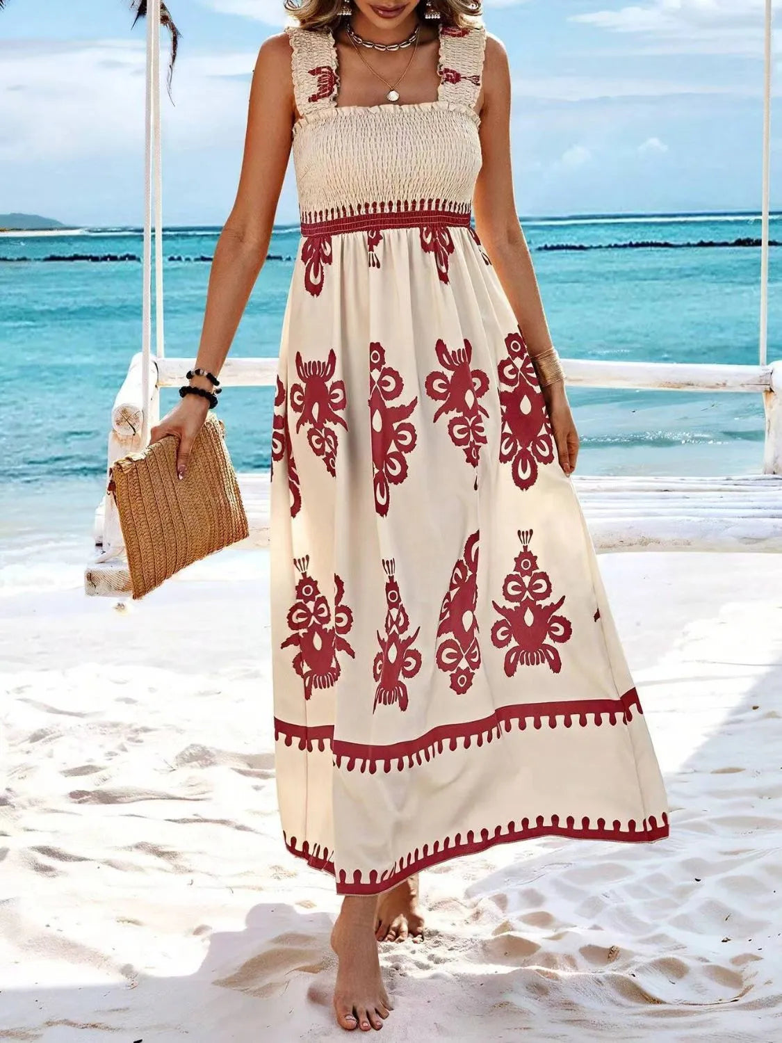 Hazel Blues® |  Smocked Printed Wide Strap Maxi Dress