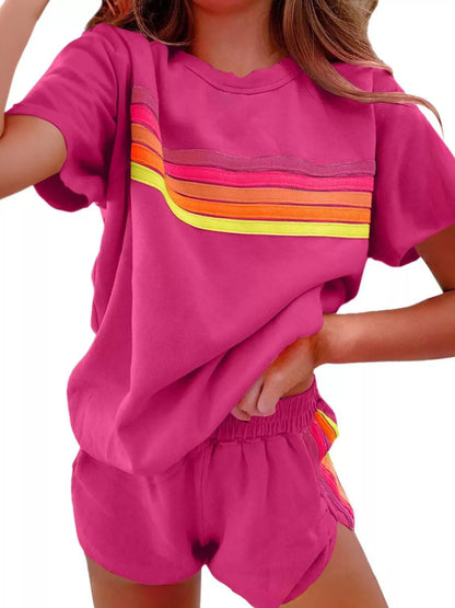 Hazel Blues® |  Rainbow Striped Round Neck Top and Shorts Set