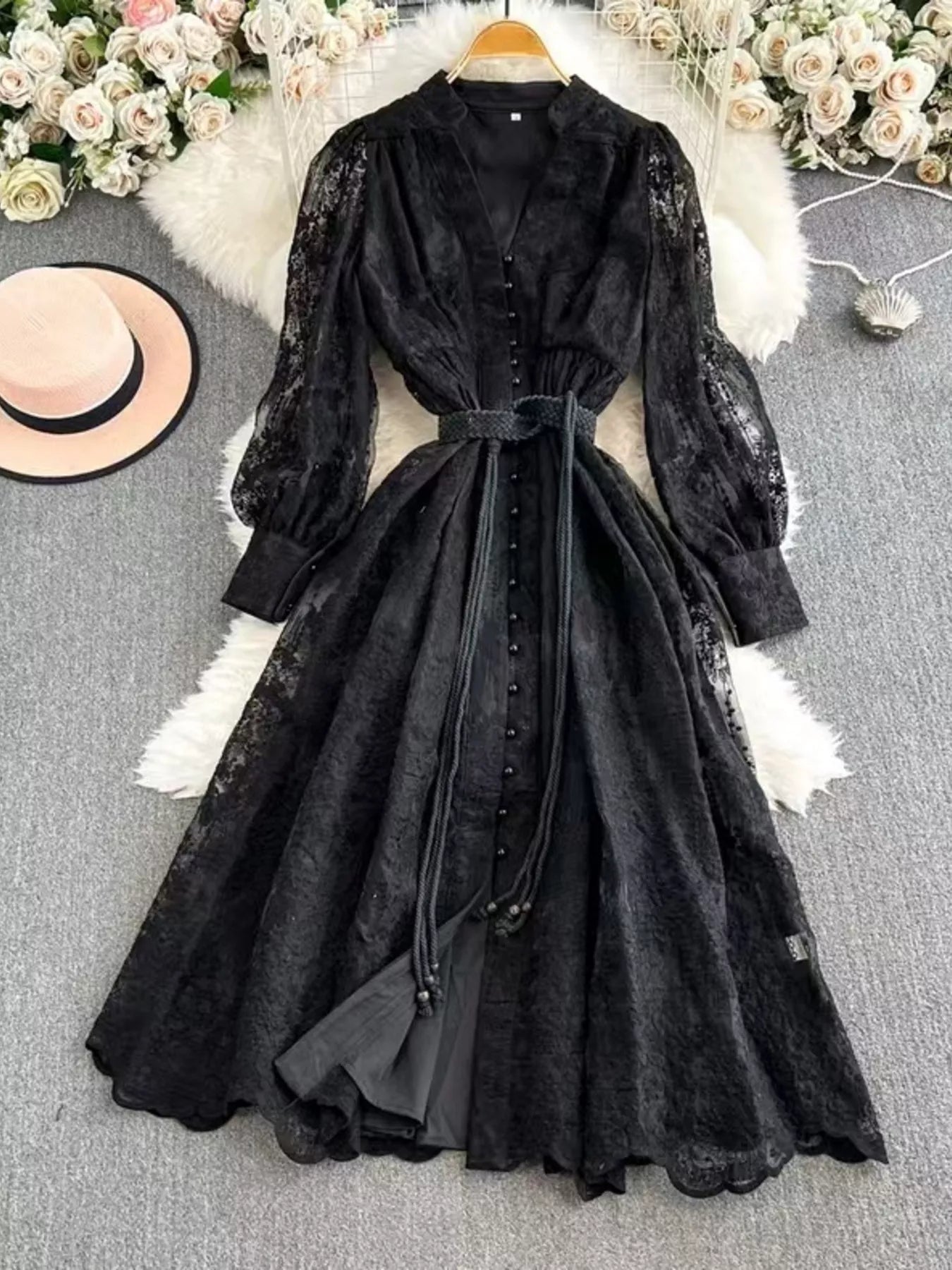 Hazel Blues® |  Lace Tie Waist Long Sleeve Dress