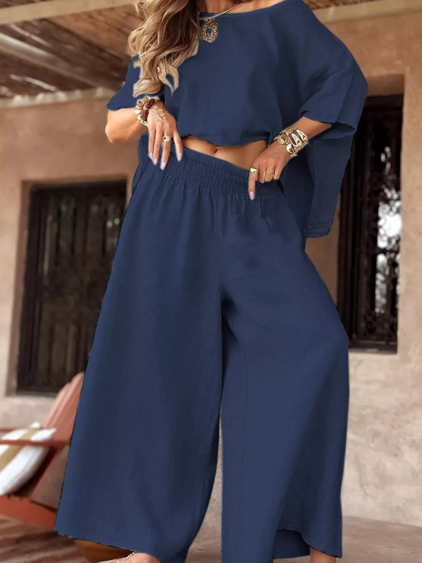 Hazel Blues® | Boat Neck Top and Wide Leg Pants Set