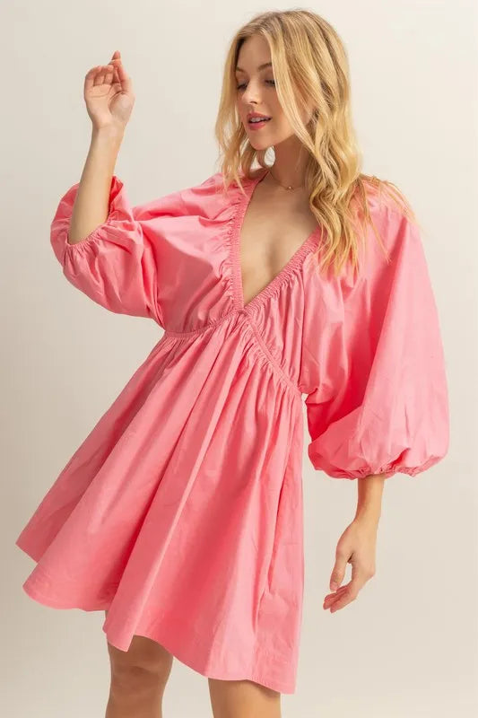 Hazel Blues® |  HYFVE Plunge Balloon Sleeve Poplin Mini Dress with Pockets