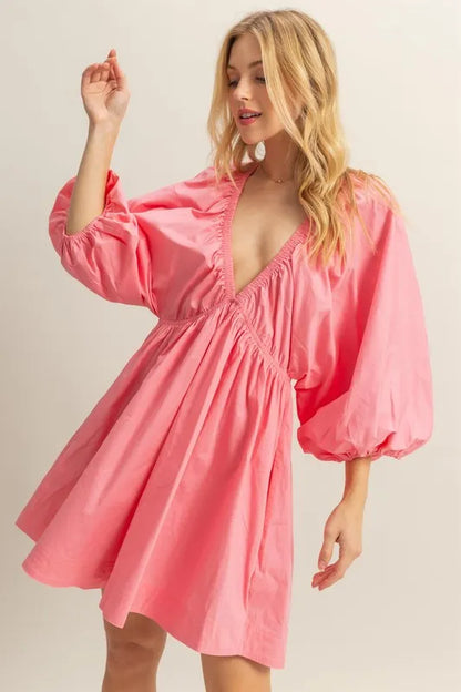 Hazel Blues® |  HYFVE Plunge Balloon Sleeve Poplin Mini Dress with Pockets