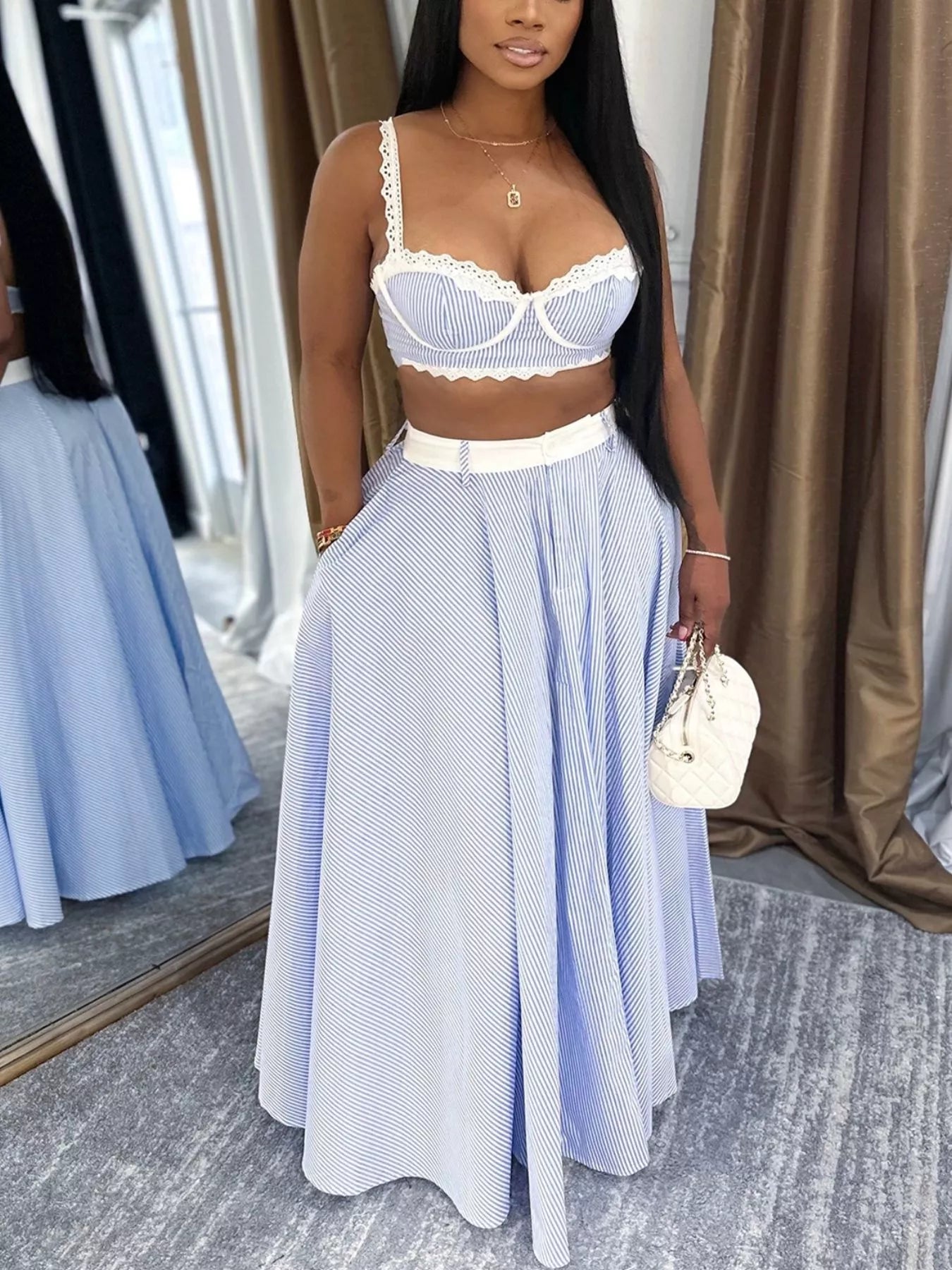 Hazel Blues® |  Striped Lace Trim Cami and Skirt Two-Piece Set