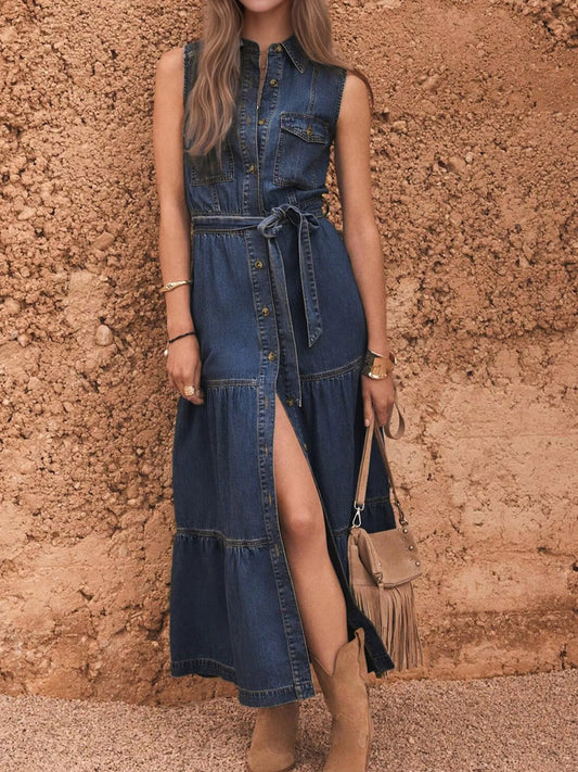 Hazel Blues® |  Button Front Sleeveless Denim Dress