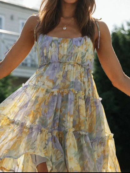 Hazel Blues® |  Printed Tie-Strap Tiered Mini Dress