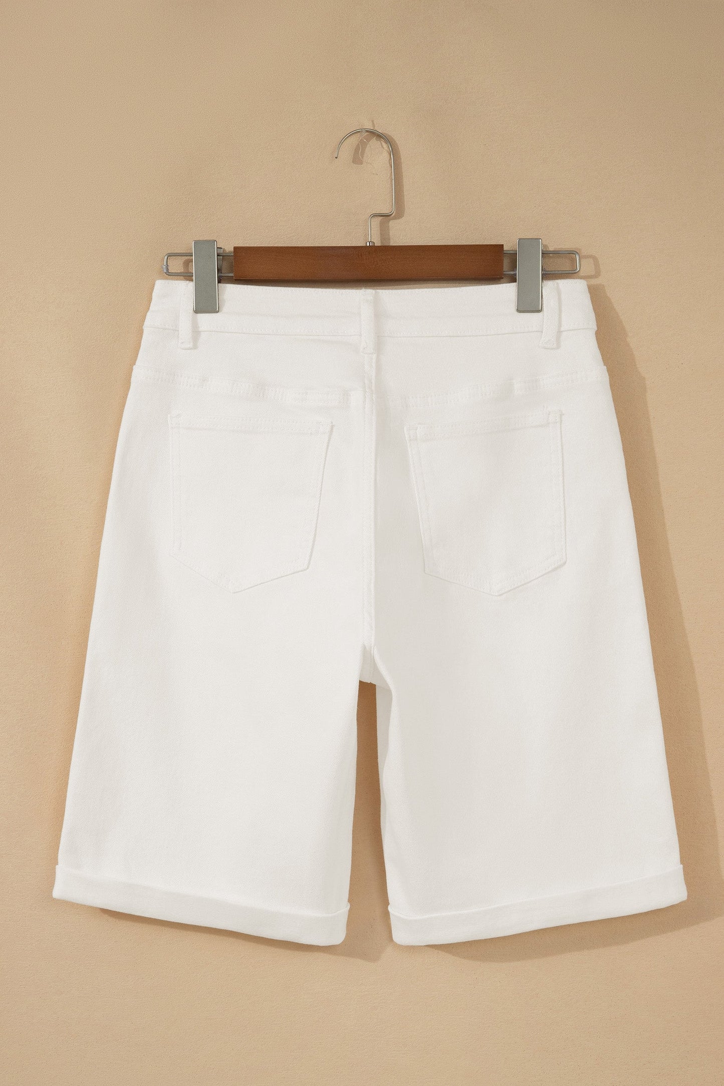 Hazel Blues® |  White Solid Color Rolled Cuffs Denim Bermuda Shorts
