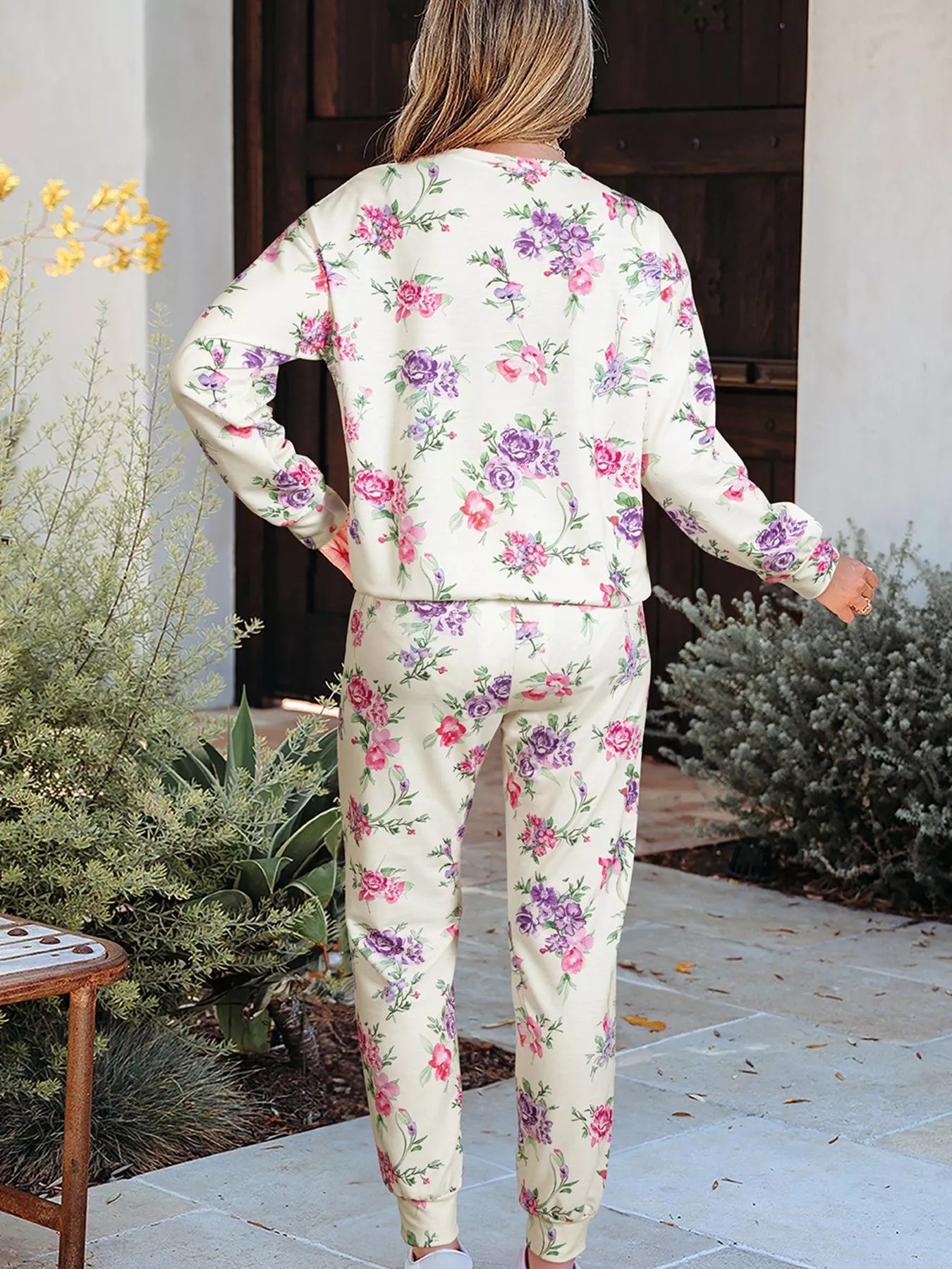 Hazel Blues® |  Floral Print Round Neck Top and Drawstring Pants Lounge Set