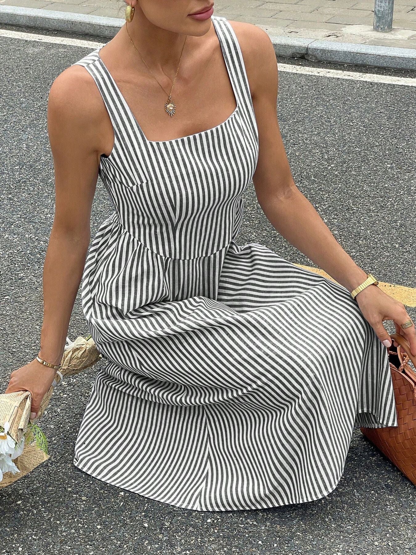 Hazel Blues® |  Striped Square Neck Midi Dress