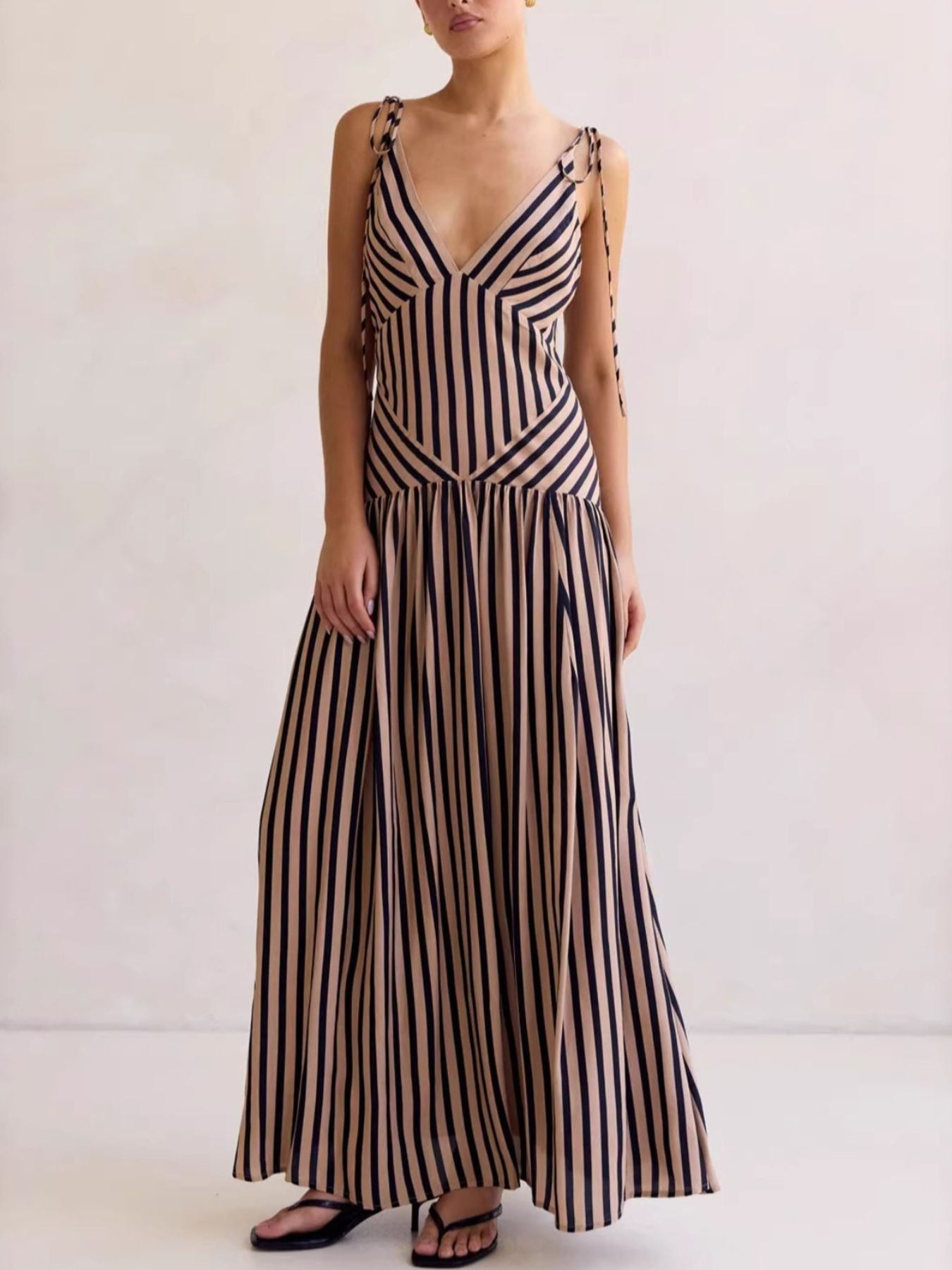 Hazel Blues® |  Striped V-Neck Tie-Shoulder Maxi Dress