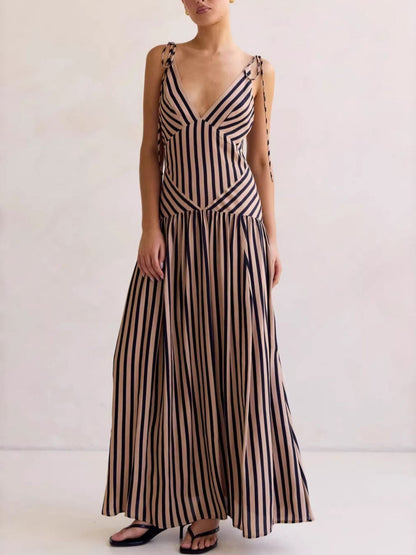 Hazel Blues® |  Striped V-Neck Tie-Shoulder Maxi Dress