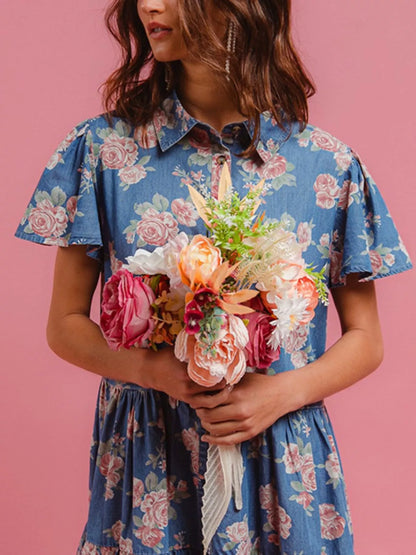 Hazel Blues® |  Floral Print Denim Button-Down Tiered Mini Dress