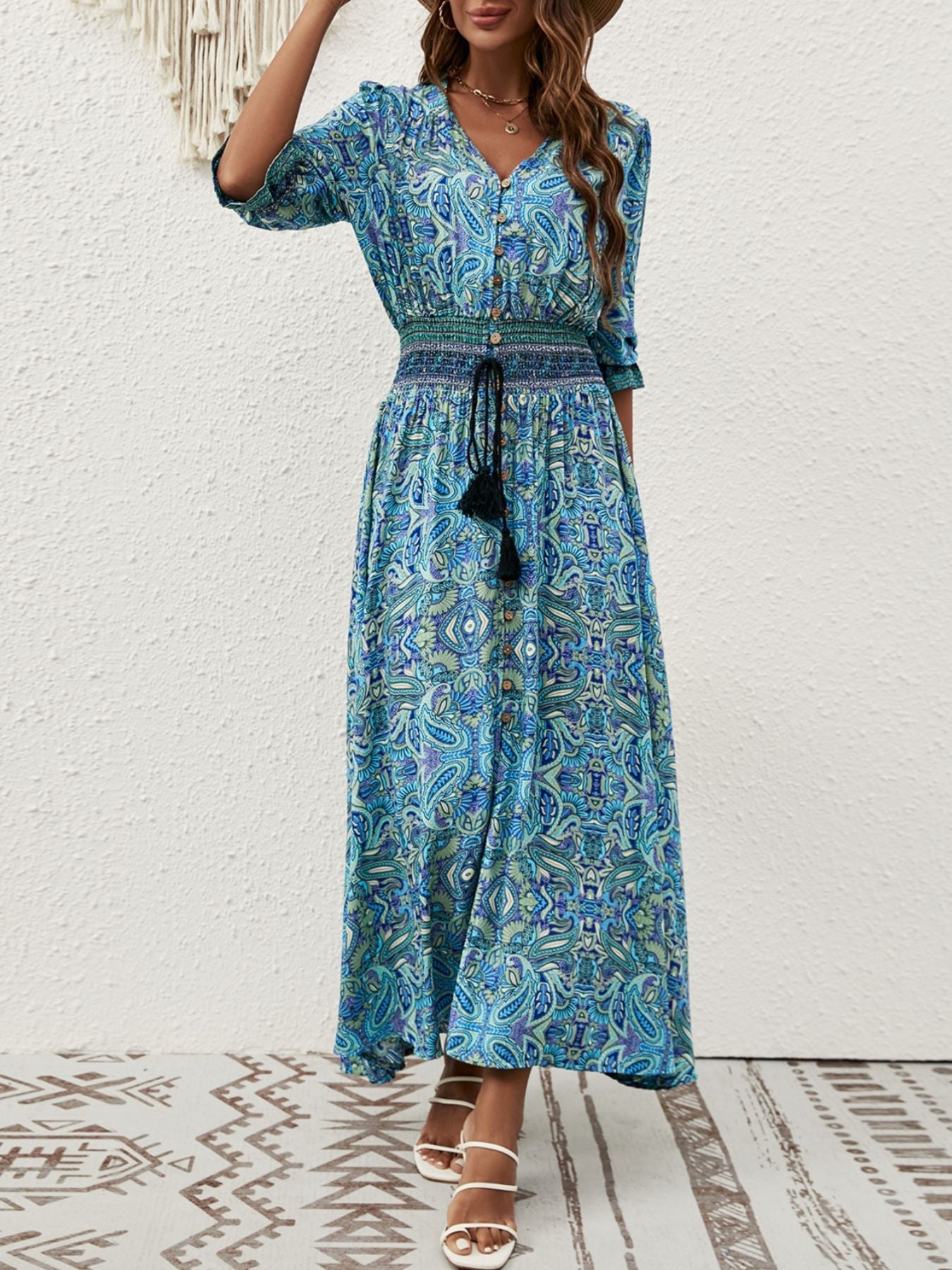Hazel Blues® |  Paisley Print Half Sleeve Slit Midi Dress