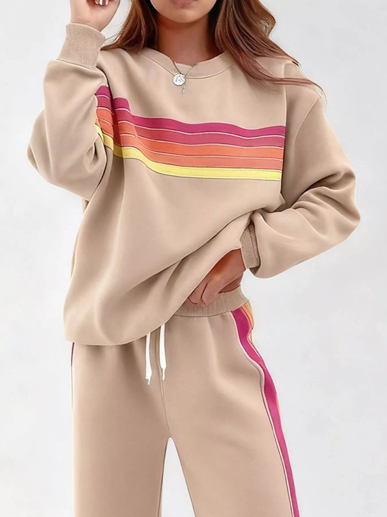 Hazel Blues® |  Striped Round Neck Sweatshirt and Pants Set
