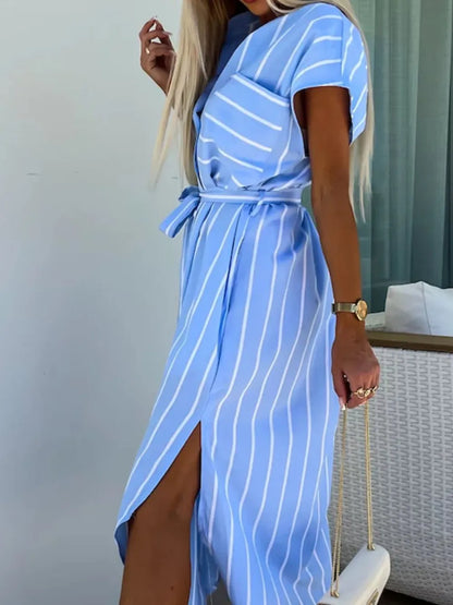 Hazel Blues® |  Striped Tie Waist Short Sleeve Dress