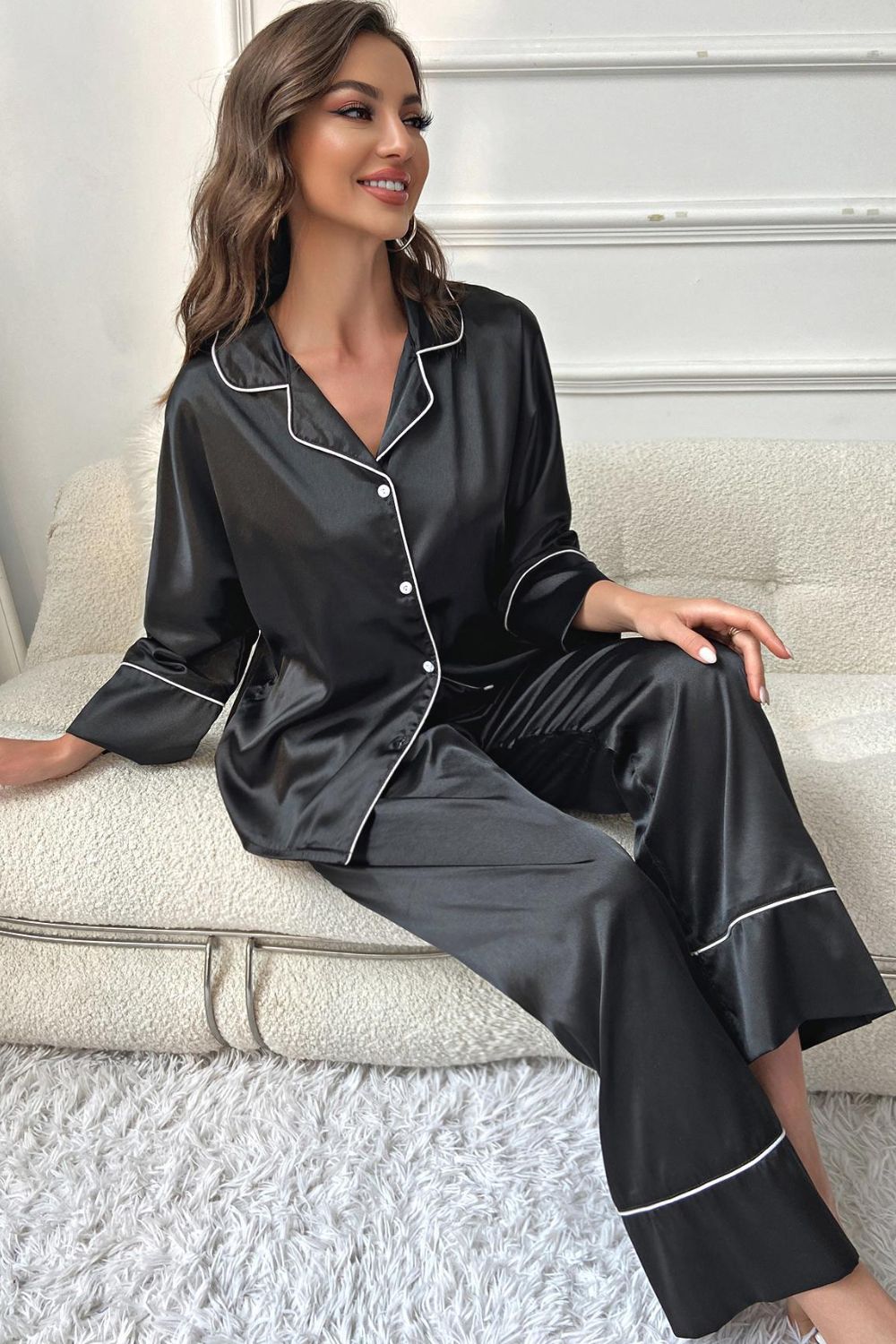 Hazel Blues® |  Contrast Piping Button-Up Top and Pants Pajama Set