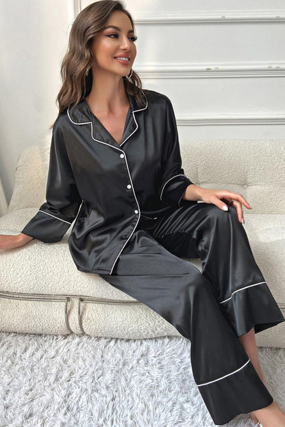 Hazel Blues® |  Contrast Piping Button-Up Top and Pants Pajama Set