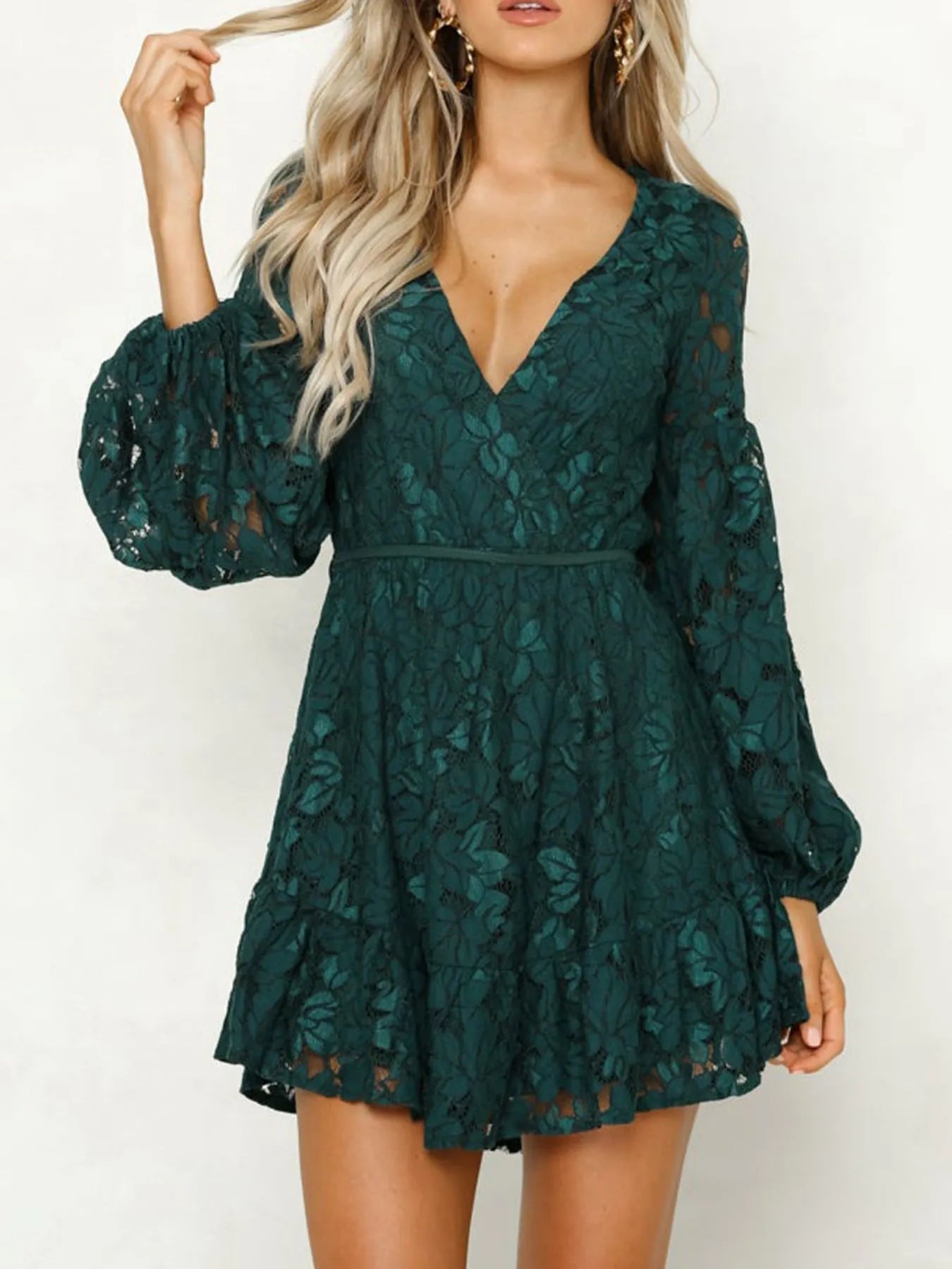 Hazel Blues® |  Lace V-Neck Long Sleeve Mini Dress