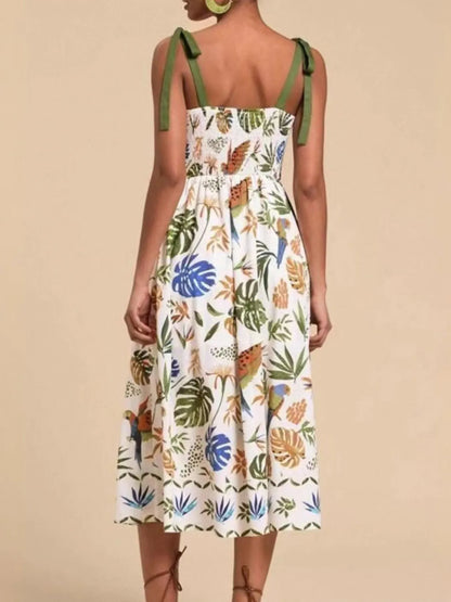 Hazel Blues® |  Tropical Print Tie-Shoulder Sweetheart Neck Midi Dress