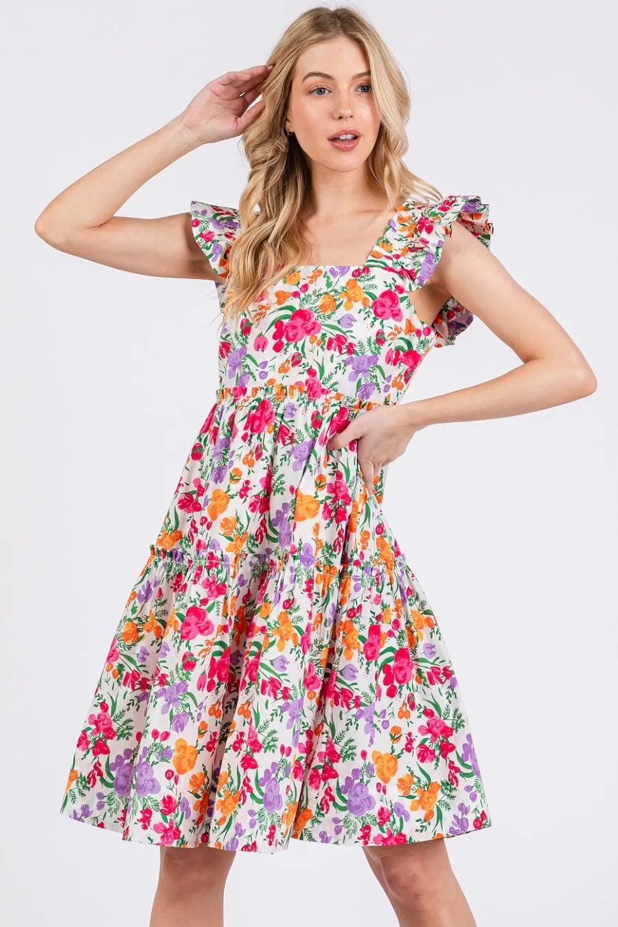 Hazel Blues® |  Mittoshop Flower Print Ruffle Shoulder A-line Mini Dress