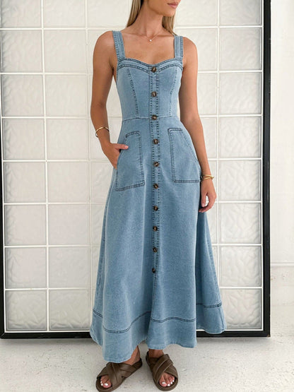 Hazel Blues® |  Decor Button Front A-Line Denim Dress