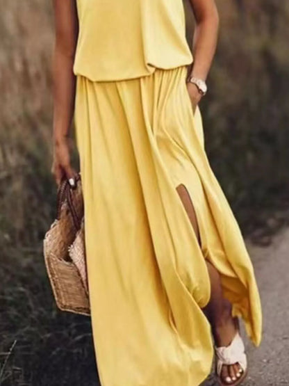 Hazel Blues® | Round Neck Sleeveless Slit Maxi Dress