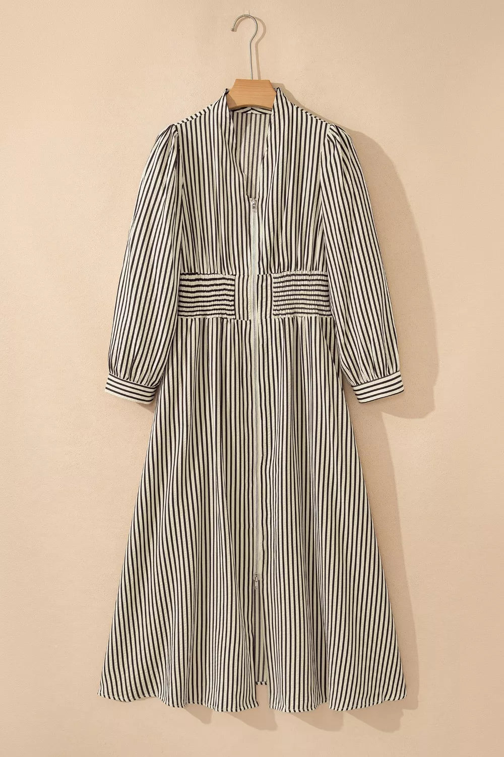 Hazel Blues® |  Stripe V Neck Zip Front Cinched High Waist Midi Dress