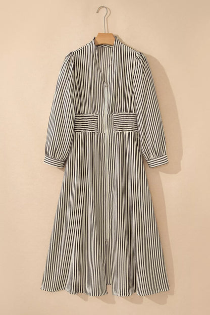 Hazel Blues® |  Stripe V Neck Zip Front Cinched High Waist Midi Dress