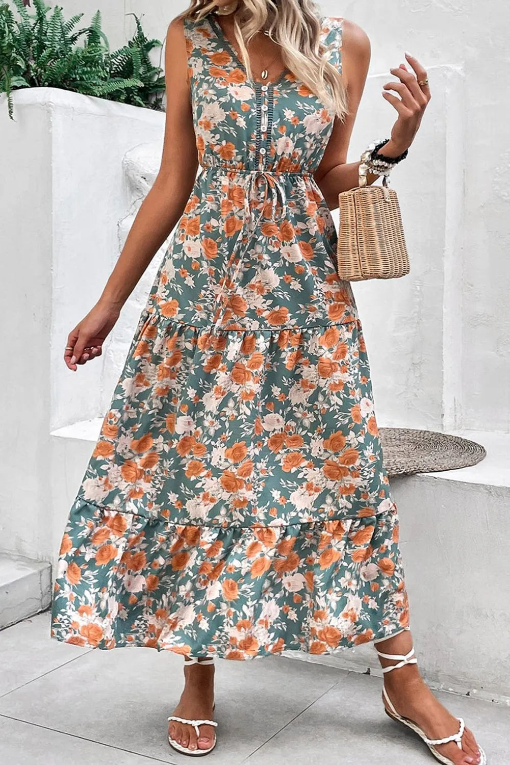 Hazel Blues® |  Floral Print Trimmed V Neck Tie Waist Sleeveless Dress