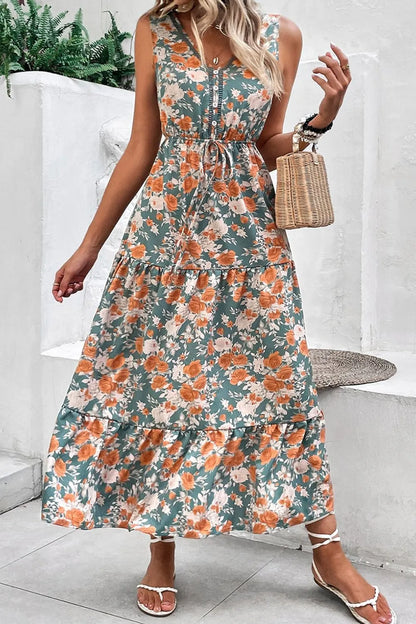Hazel Blues® |  Floral Print Trimmed V Neck Tie Waist Sleeveless Dress