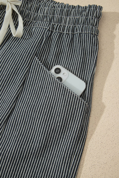 Hazel Blues® |  Black Stripe Raw Edge Drawstring Elastic Waist Casual Denim Shorts