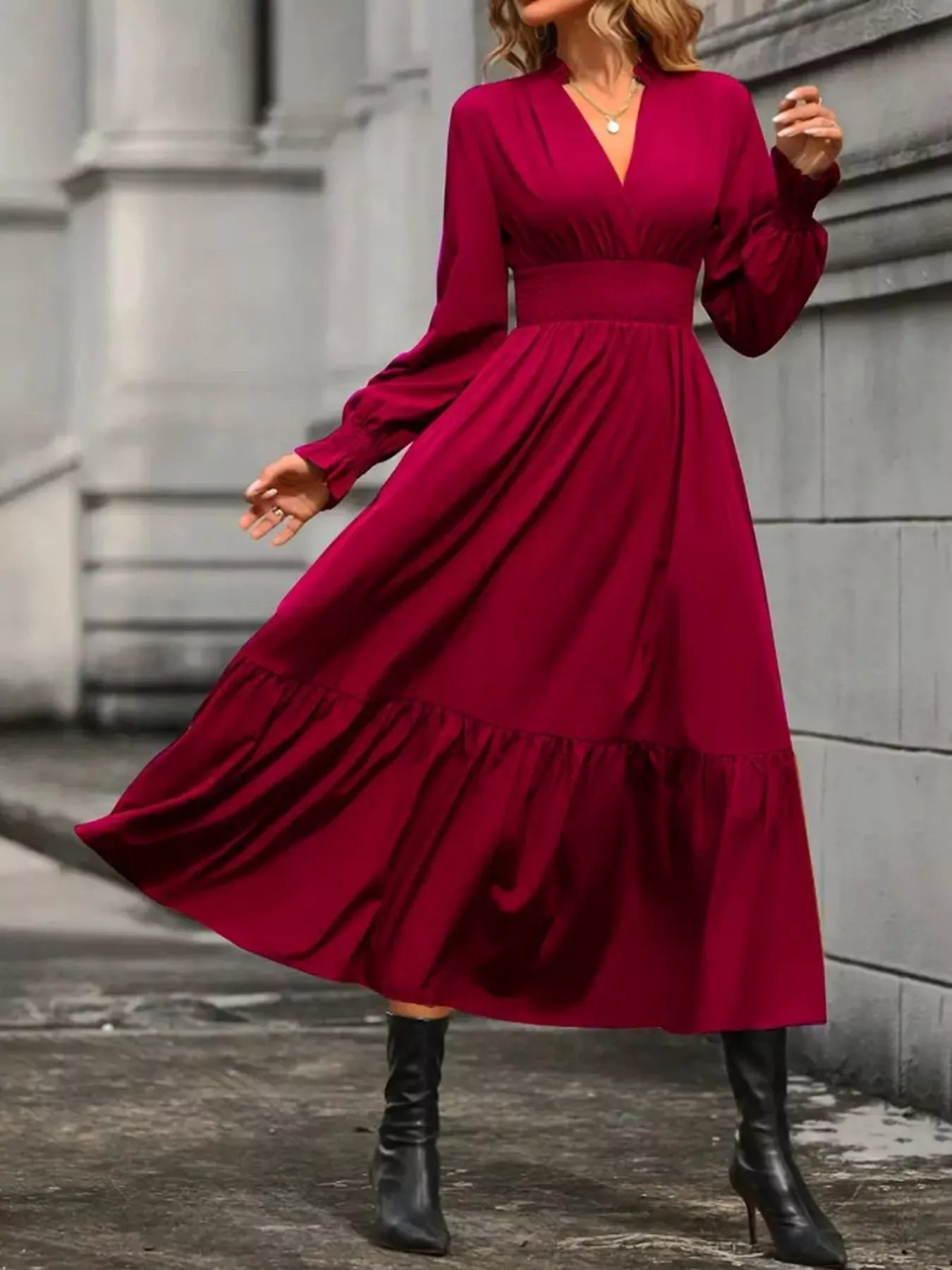 Hazel Blues® |  Surplice Long Sleeve Tiered Midi Dress