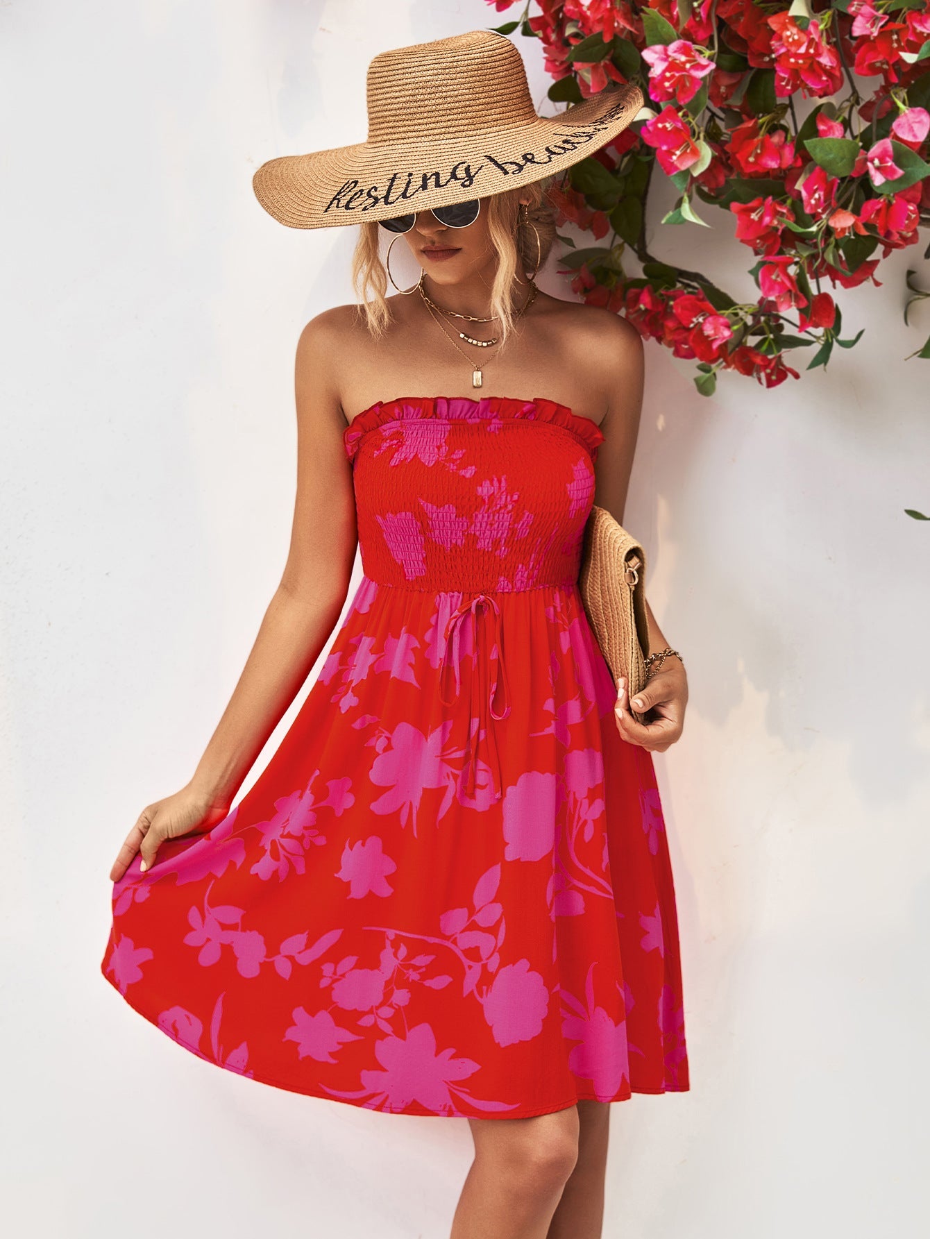 Hazel Blues® |  Floral Frill Trim Strapless Smocked Dress