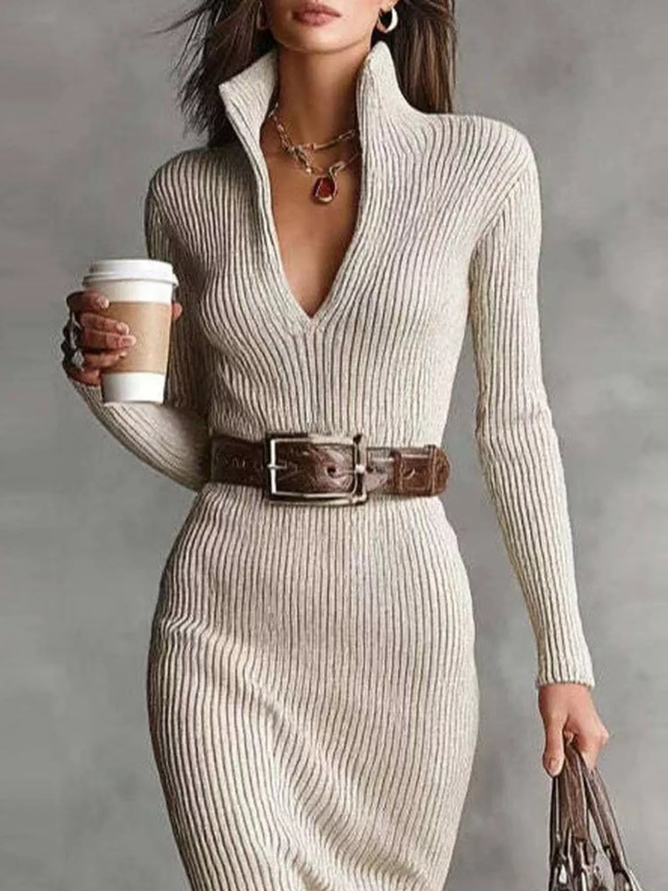 Hazel Blues® |  Elegant Ribbed Knit Turtleneck Midi Sweater Dress