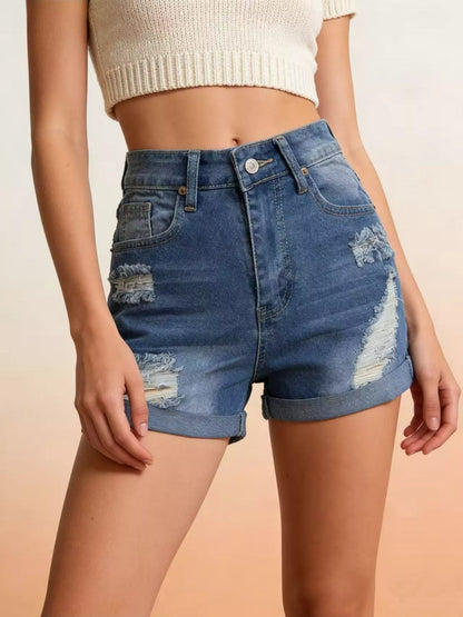 Hazel Blues® |  Distressed High-Waisted Denim Shorts
