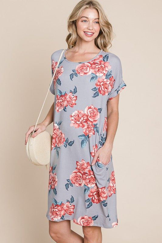 Hazel Blues® |  BOMBOM Floral Round Neck Short Tee Dress with Pockets