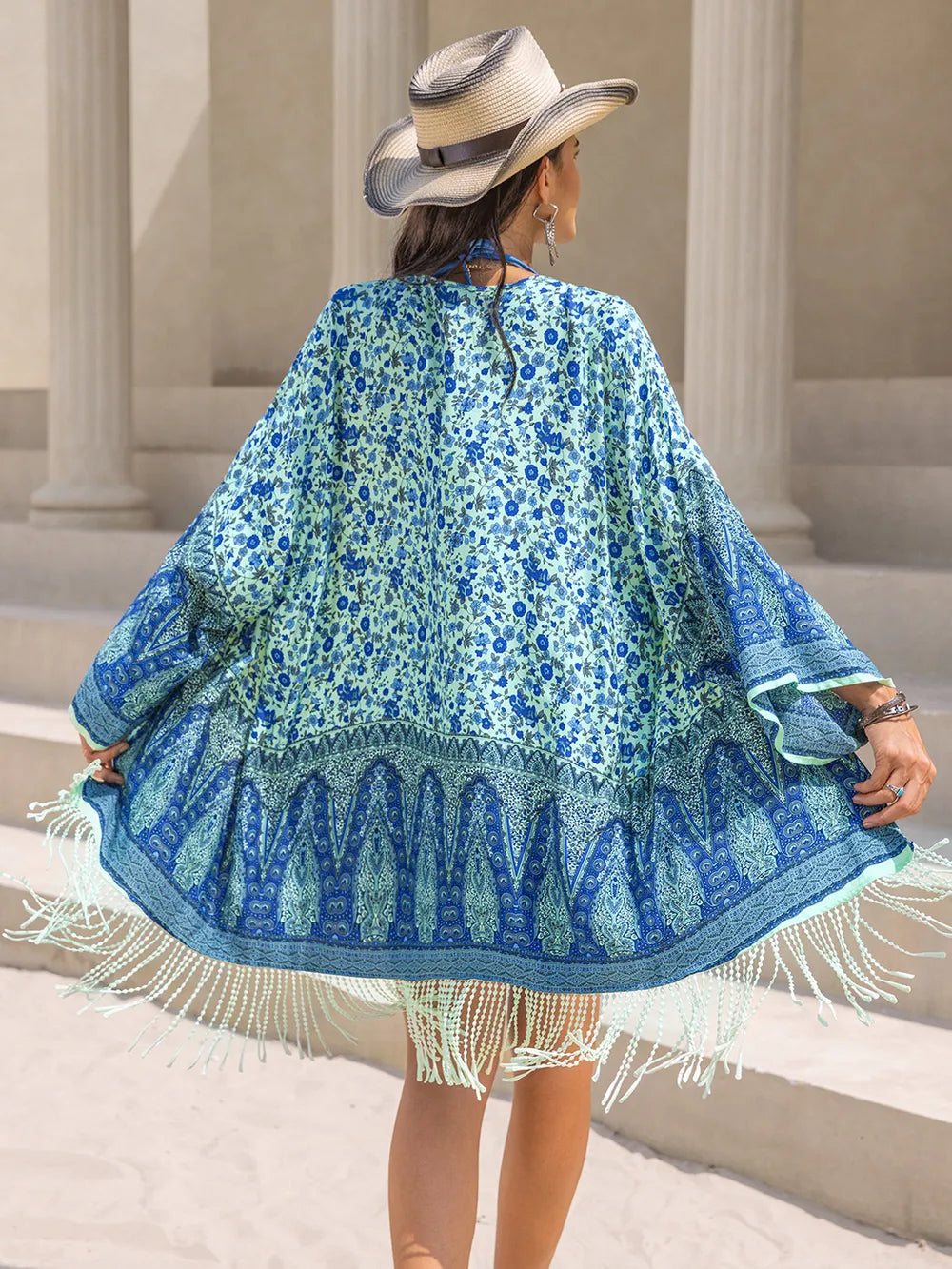 Hazel Blues® | Fringe Printed Open Front Cover-Up